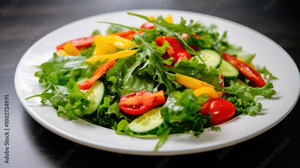 A colorful mixed green salad featuring cucumbers, bell peppers, and cherry tomatoes, served on a white plate against a dark background. A colorful mixed green salad featuring cucumbers, bell peppers, and cherry tomatoes, served on a white plate against a dark background.