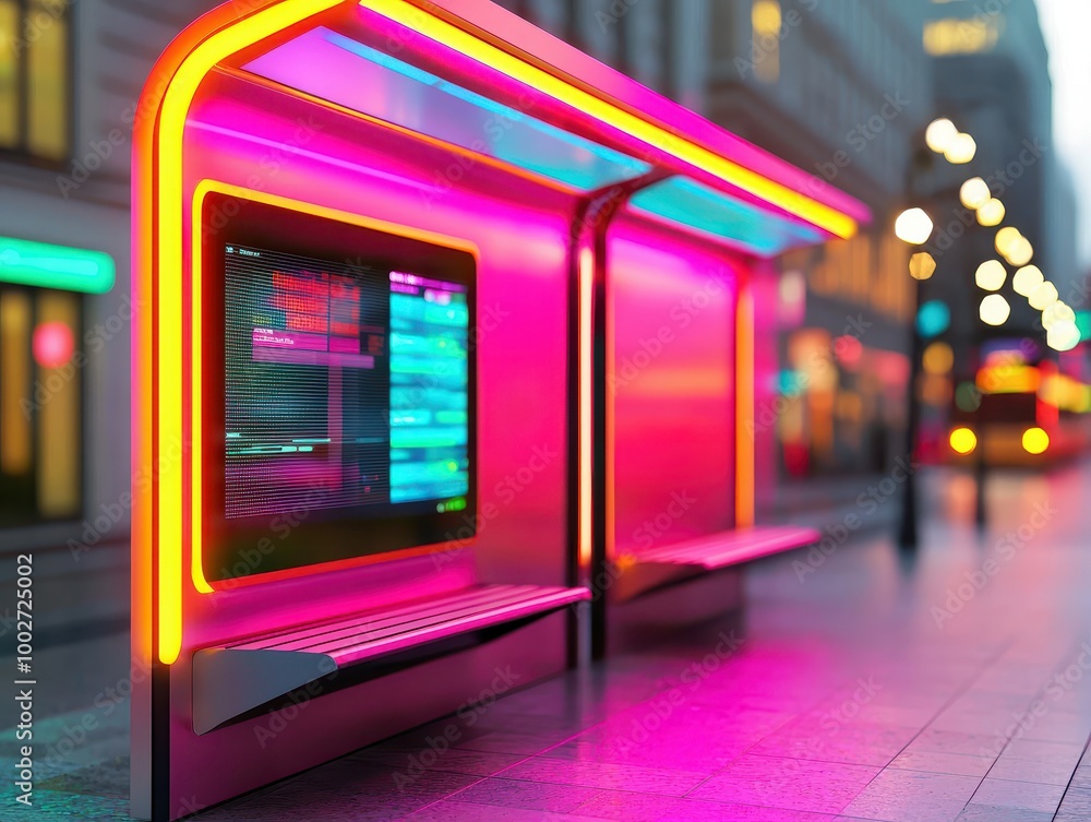 High-tech bus stop with touchscreens displaying real-time traffic data, glowing neon edges, and self-cleaning benches in a modern cityscape High-tech bus stop with touchscreens displaying real-time traffic data, glowing neon edges, and self-cleaning benches in a modern cityscape