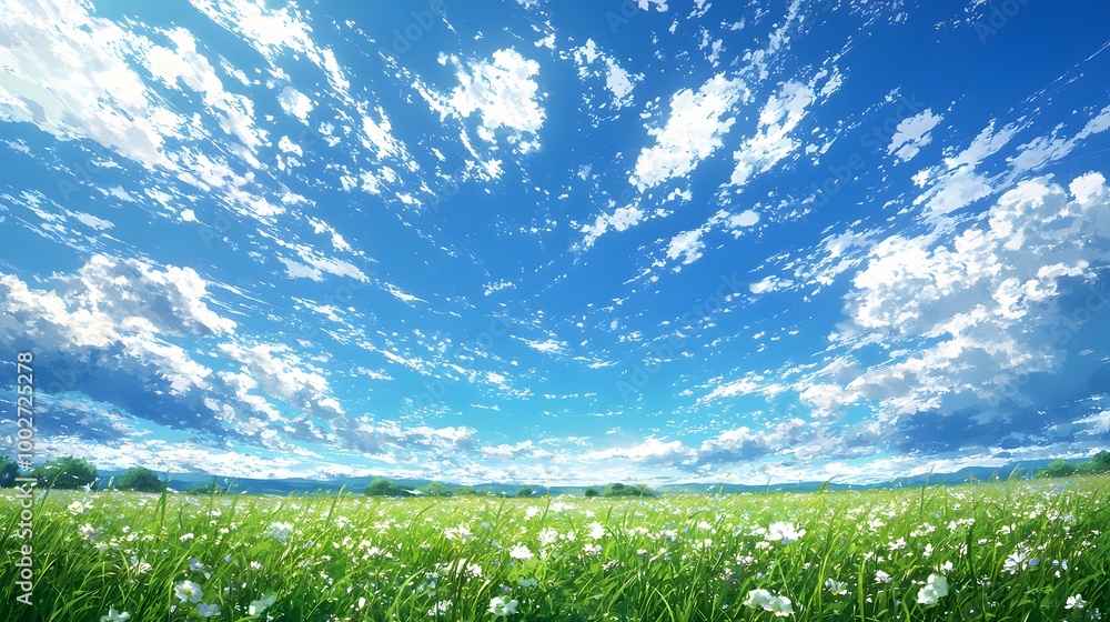 Vibrant field of blooming flowers under a bright blue sky. Vibrant field of blooming flowers under a bright blue sky.