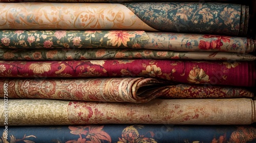 Vintage Fabric Patterns with Intricate Floral and Ornamental Designs Perfect for a Classic Nostalgic Studio Setup or Home Decor