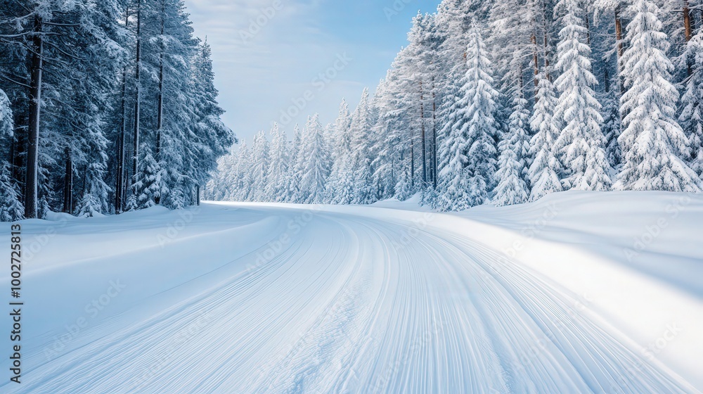 Snowy Pathway Through Untouched Pine Forest, a serene winter landscape featuring a winding road surrounded by tall evergreen trees and a blanket of fresh snow. Snowy Pathway Through Untouched Pine Forest, a serene winter landscape featuring a winding road surrounded by tall evergreen trees and a blanket of fresh snow.