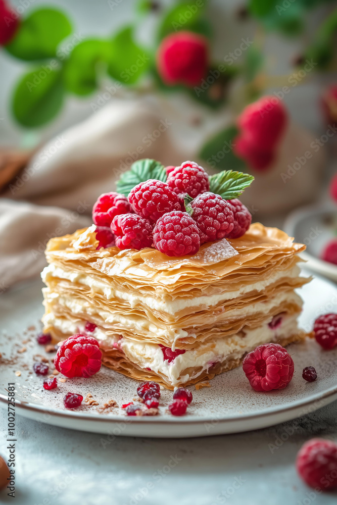 freshly baked cream cheese phyllo bars with layers of flaky pastry and creamy filling, garnished with fresh raspberries or other berries. freshly baked cream cheese phyllo bars with layers of flaky pastry and creamy filling, garnished with fresh raspberries or other berries.