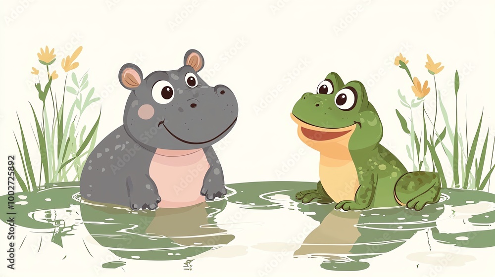 Baby hippo and frog, friendly interaction, flat design illustration Baby hippo and frog, friendly interaction, flat design illustration