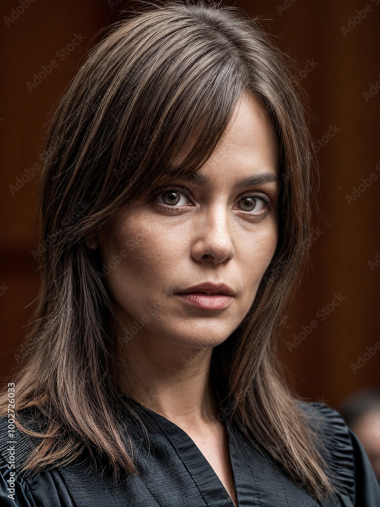 Authoritative female judge in courtroom, representing law, justice, and impartiality in legal system. Authoritative female judge in courtroom, representing law, justice, and impartiality in legal system.
