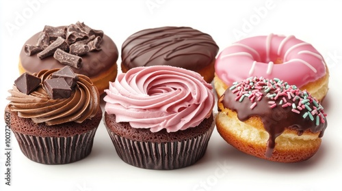 Assorted cupcakes and donuts with colorful frosting and toppings