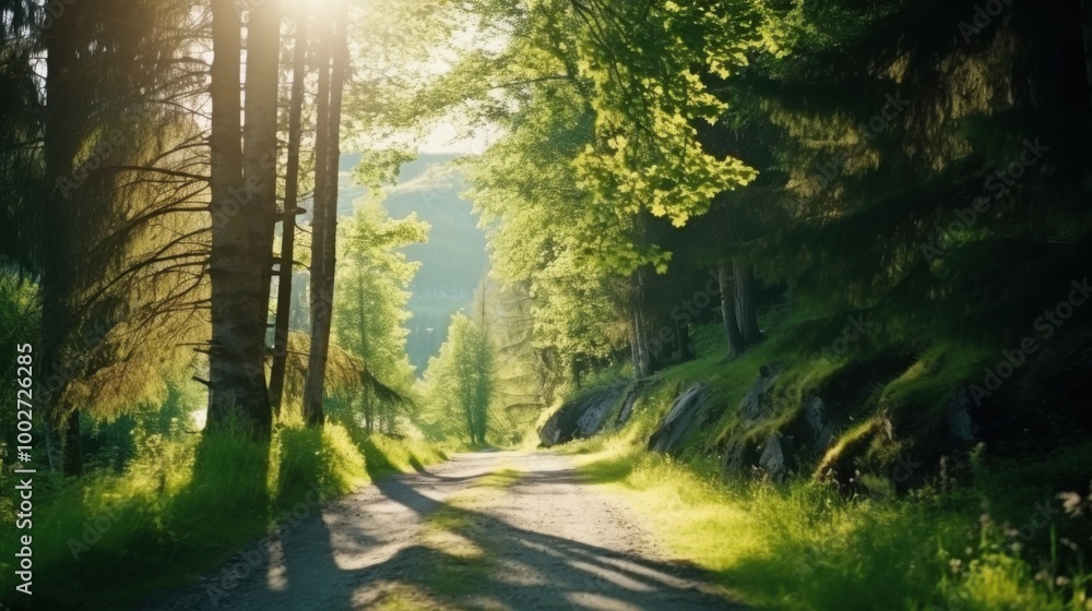 Fototapeta premium A serene, sunlit country road flanked by lush greenery during summer, evoking tranquility and a peaceful journey.