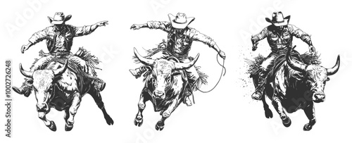 Rodeo concept sketches. Cowboy riding bull on american texas ranch sport, cowboys tattoo sketch vintage drawing man in hat silhouette ride cow wild west western vector illustration