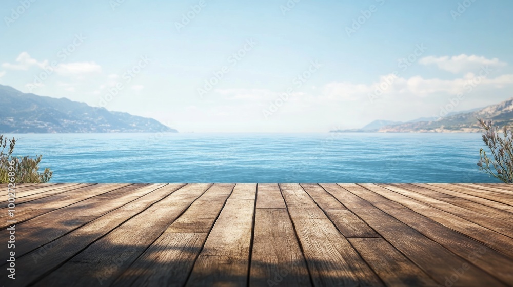 A wooden platform offering a panoramic ocean view, with coastline and distant hills only visible on the sides A wooden platform offering a panoramic ocean view, with coastline and distant hills only visible on the sides