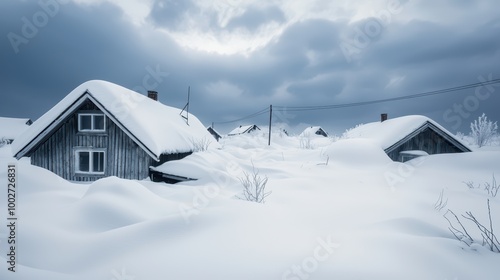 Snow-covered houses in a winter landscape photo