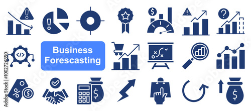 Business forecasting icon collection set. Containing prediction, analyze, data, trend, budgeting, accuracy, strategy icon. Simple flat color illustration