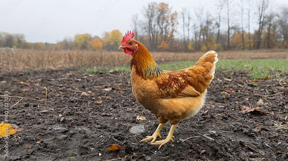 Fototapeta premium A vibrant brown hen standing proudly in a rural field during autumn.