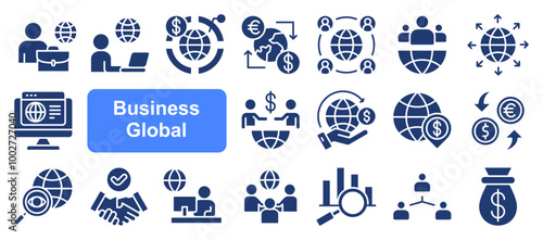 Business global icon set. Business team, meeting, partnership, startup, planning, international organization, company, management, profit and successful key icons. Solid icons vector collection.