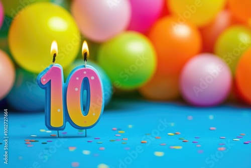 10 years - colorful birthday wallpaper with festive decoration. 10 ans - papier peint d'anniversaire coloré avec décoration festive.