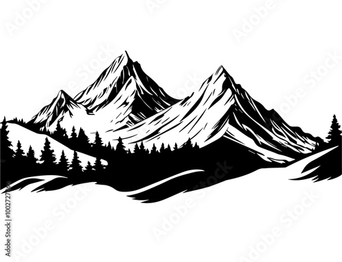 black and white mountain range with trees wall art, symbolic landscapes stencil art outdoor scenes vector illustration