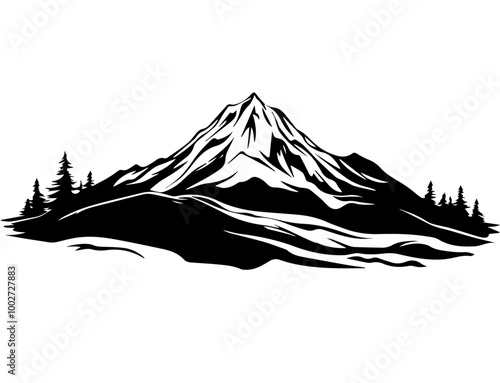 black and white mountain range with trees wall art, symbolic landscapes stencil art outdoor scenes vector illustration