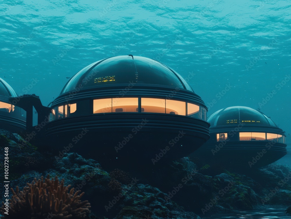 Underwater futuristic city with glass domes, coral-inspired structures, and aquatic transportation tubes connecting buildings in the deep blue sea Underwater futuristic city with glass domes, coral-inspired structures, and aquatic transportation tubes connecting buildings in the deep blue sea