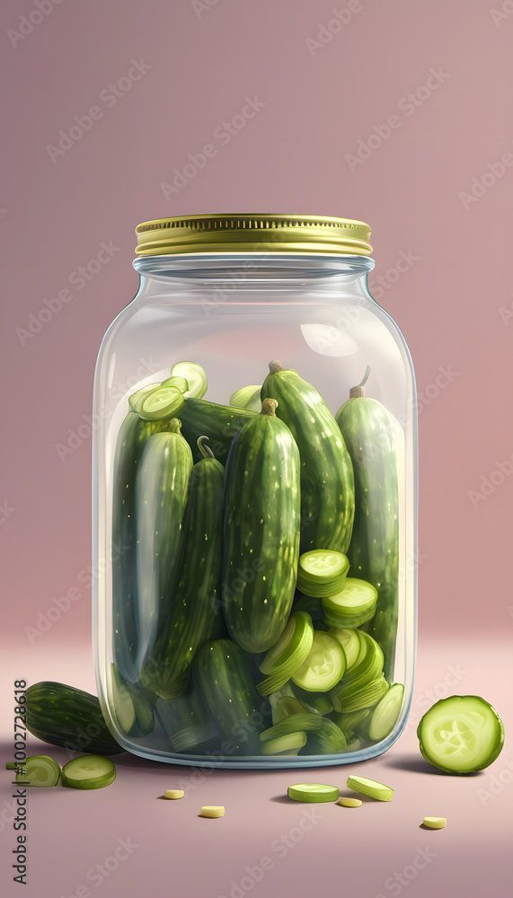 A glass jar filled with fresh green cucumbers and sliced cucumber pieces. The jar has a golden lid and is set against a soft pink background, creating a vibrant and appetizing display of vegetables. A glass jar filled with fresh green cucumbers and sliced cucumber pieces. The jar has a golden lid and is set against a soft pink background, creating a vibrant and appetizing display of vegetables.