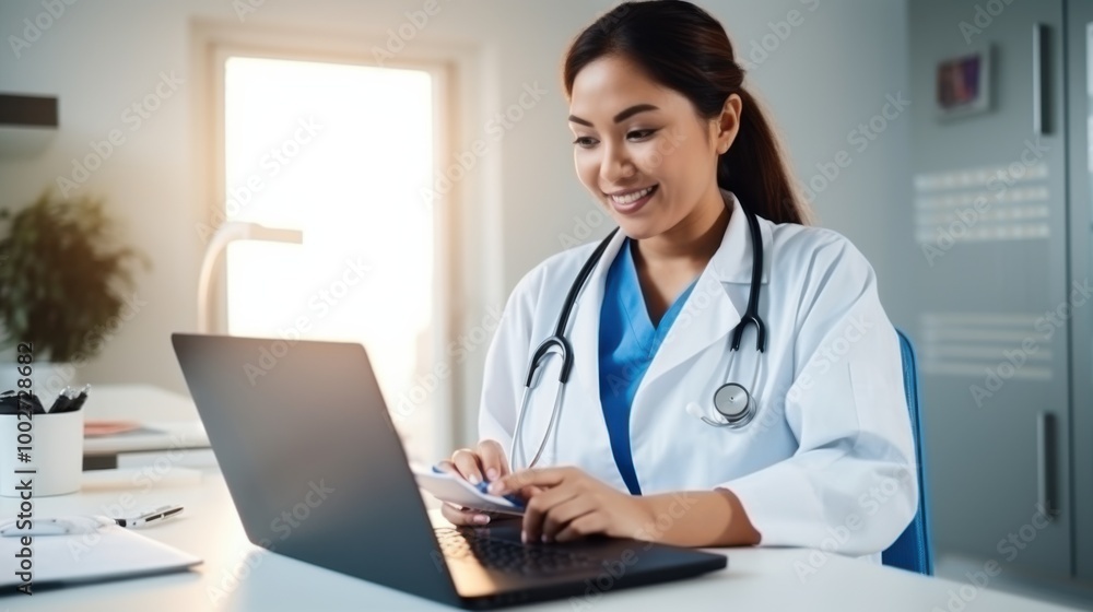 A smiling nurse pays bills online with a credit card, multitasking in a well-lit office while embracing technology in healthcare. A smiling nurse pays bills online with a credit card, multitasking in a well-lit office while embracing technology in healthcare.