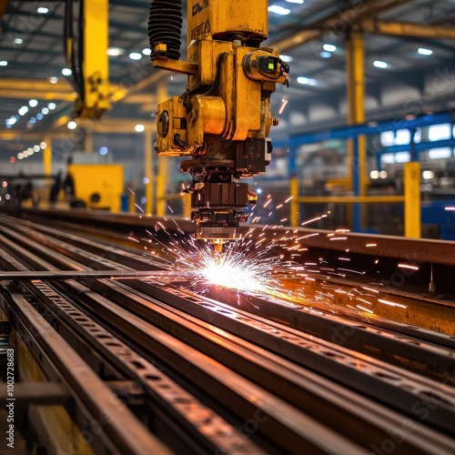 Advanced steel manufacturing plant with plasma cutters, autonomous robotic welders, and real-time AI analytics to improve production output