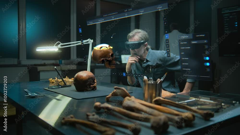 Advanced archaeological lab: Archaeologist in VR headset examines ...