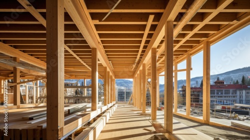 Brightly lit, unfinished mass timber construction site, revealing wooden beams, open spaces, and scenic mountainous landscape in the background.