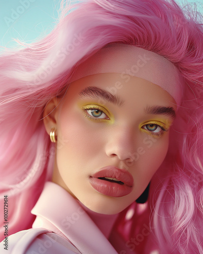 Portrait of a woman with flowing pink hair, wearing a light pink headband and gold earrings. A soft yet bold fashion statement blending pastel tones with striking beauty.