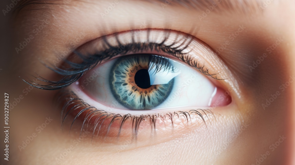 A mesmerizing close-up of a blue eye displaying intricate details of the iris, surrounded by thick eyelashes and highlighted by soft natural lighting. A mesmerizing close-up of a blue eye displaying intricate details of the iris, surrounded by thick eyelashes and highlighted by soft natural lighting.