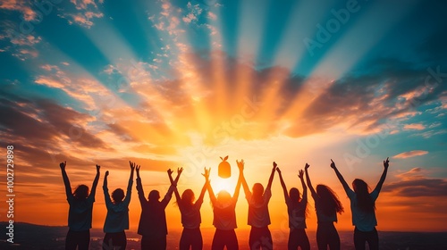 Silhouettes of young people holding up a large community shirt with an inspiring logo, the sky filled with rays of hope and positive energy