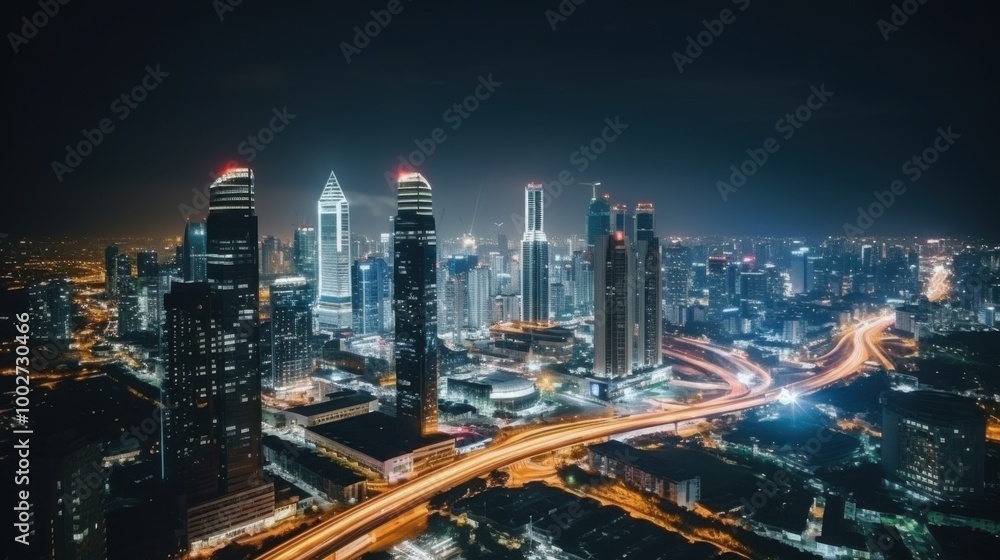 Fototapeta premium A stunning high-angle view of a city illuminated at night, highlighting the vibrant lights and modern skyscrapers, creating a lively urban panorama.