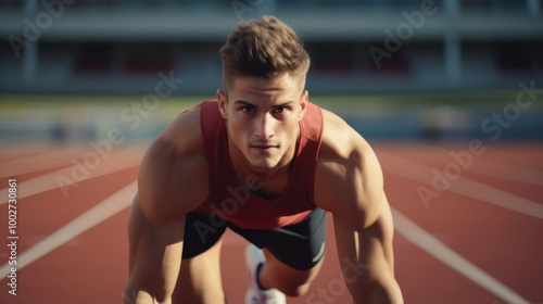 A young athletic man, poised at the starting line on a red track, embodies focus, strength, and determination, ready to initiate his run with peak performance.