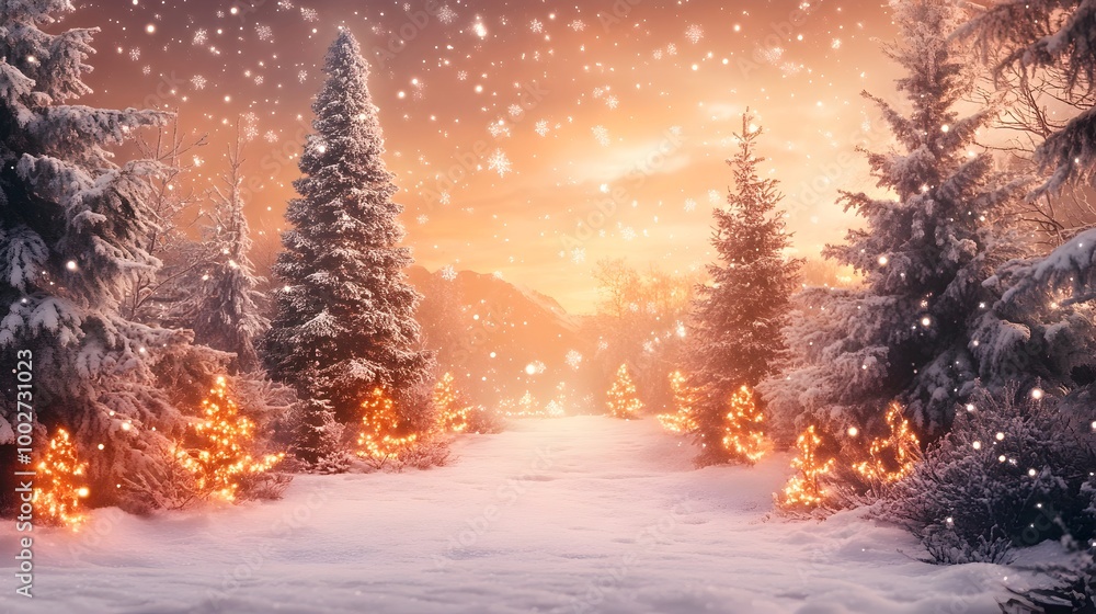 Captivating snowy winter landscape with a path leading through a forest of warmly lit decorated Christmas trees Captivating snowy winter landscape with a path leading through a forest of warmly lit decorated Christmas trees