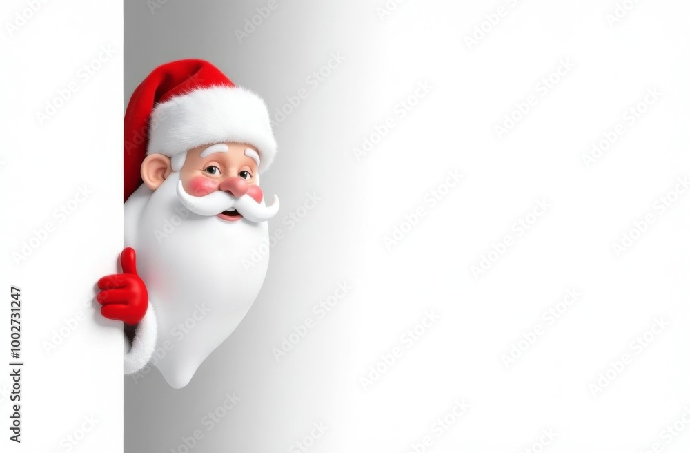 Charismatic Santa Claus peeks out from behind a large empty white board and smiles at the camera, pointing to your advertisement with his hand. Place for text
