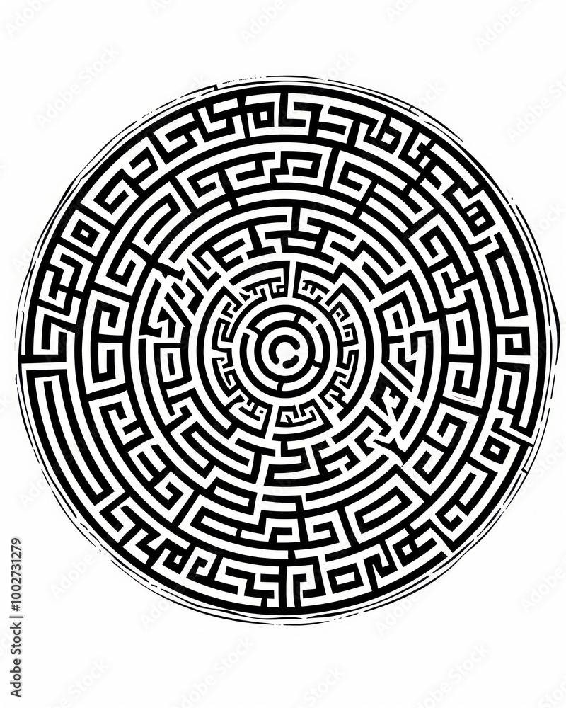 A circular maze with concentric circles and a path to the center. A circular maze with concentric circles and a path to the center.
