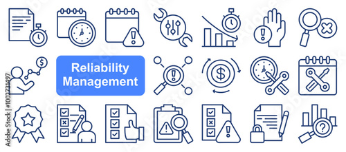 Reliability management icon collection set. Containing availability, maintainability, failure, risk, redundancy, fmea, mtbf icon. Simple flat vector.