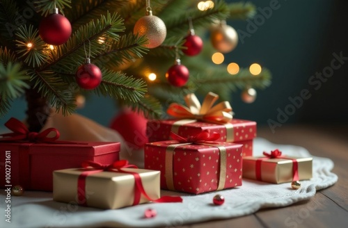 Modern festive spirit. Top view shot showcasing ribbon-wrapped presents, opulent baubles, reindeer and snowflake details, golden sequins against green background with space for personalized wishes