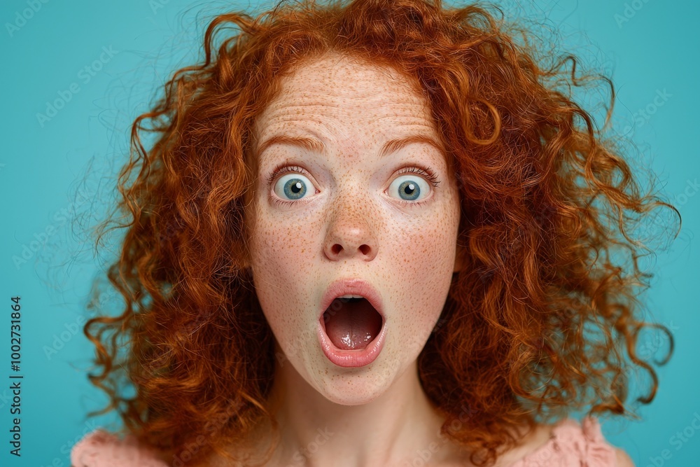 a curly haired redheaded woman with a shocked expression - huge eyes and an open mouth - studio portrait on blue background a curly haired redheaded woman with a shocked expression - huge eyes and an open mouth - studio portrait on blue background