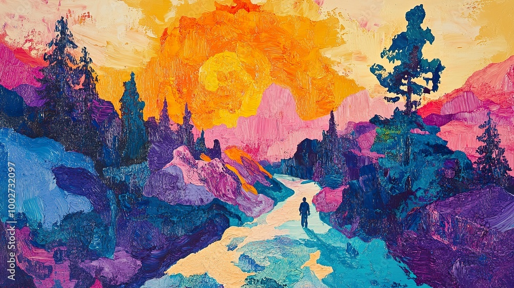 Vibrant Sunset Landscape Painting with Mountains and River Vibrant Sunset Landscape Painting with Mountains and River
