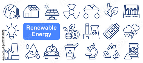 Renewable energy icon collection. Duotone color. Vector illustration. Containing solarenergy, oceanenergy, renewableenergy, cleanenergy, energy, hydraulicenergy, saving, windmill.