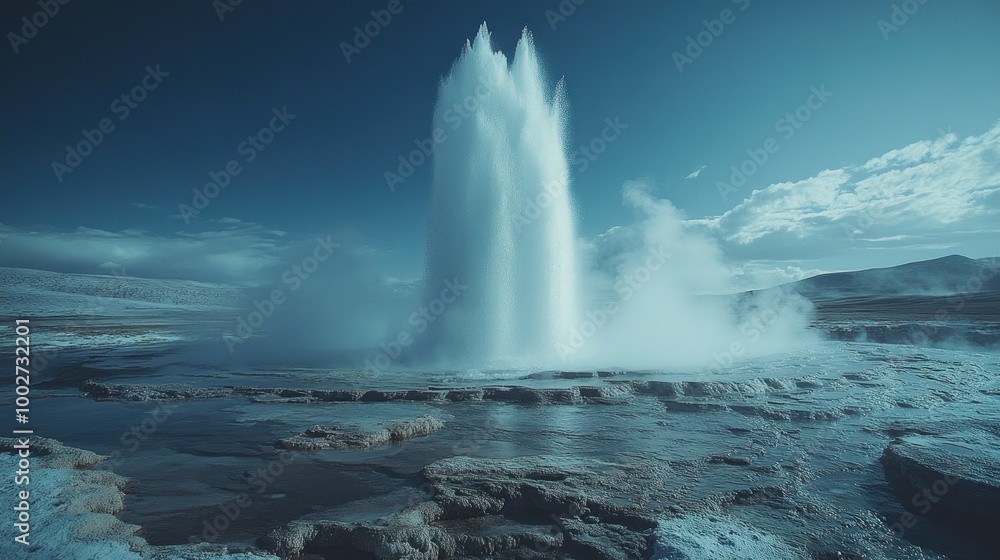A tall geyser erupts against a blue sky, spewing hot water high into the air, creating a cloud of steam. A tall geyser erupts against a blue sky, spewing hot water high into the air, creating a cloud of steam.