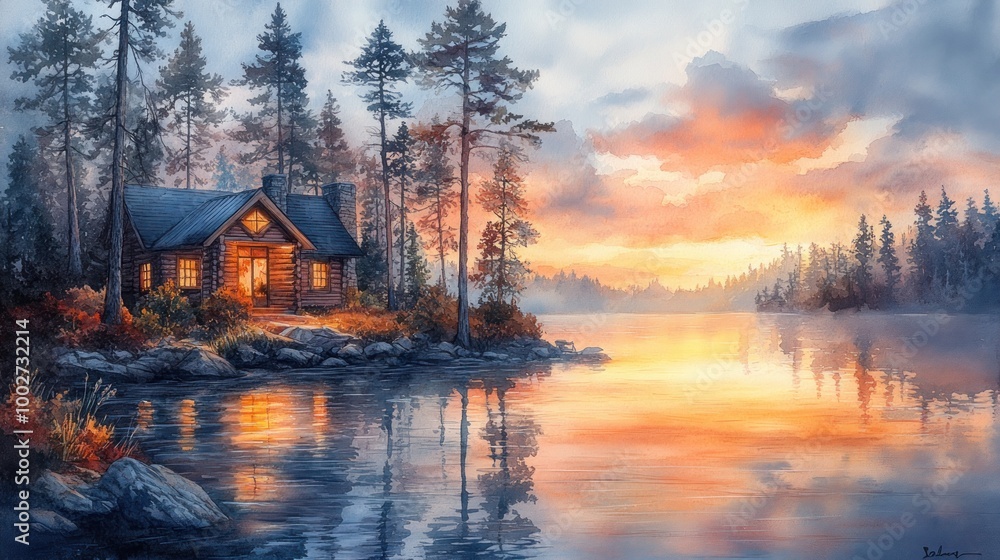 Fototapeta premium Cabin by the Lake at Sunset