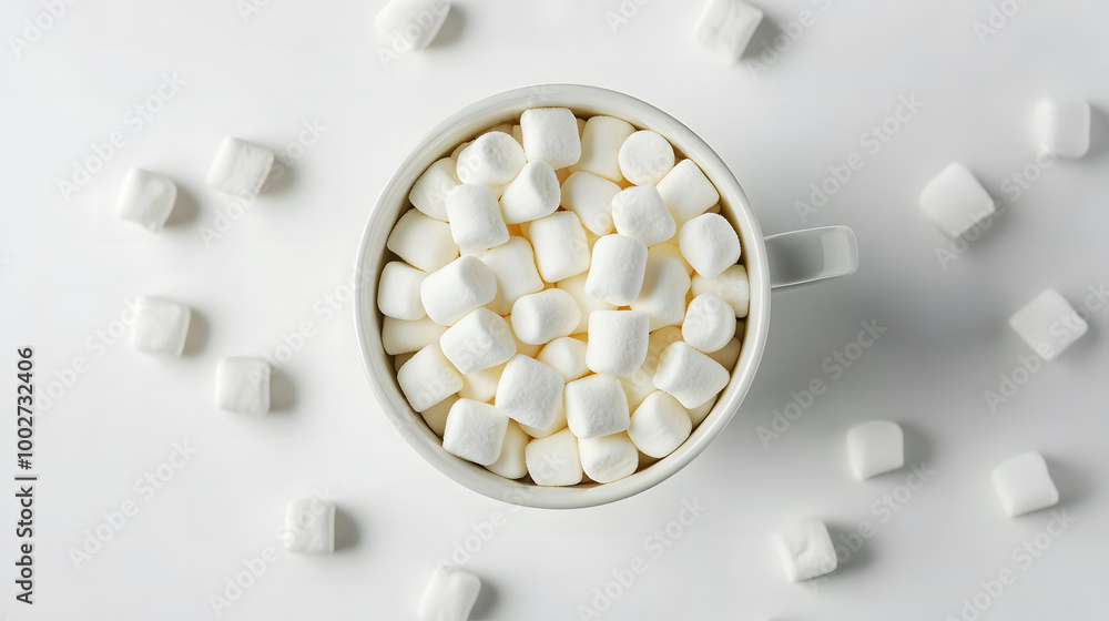 Top View of White Cup Filled with Marshmallows on Minimalist Background Top View of White Cup Filled with Marshmallows on Minimalist Background
