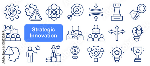 Strategic Innovation icon set. Creative Solutions, Disruptive Technologies, Strategic Innovation, Future Trends, Competitive Advantage, Agile Innovation and Design Thinking