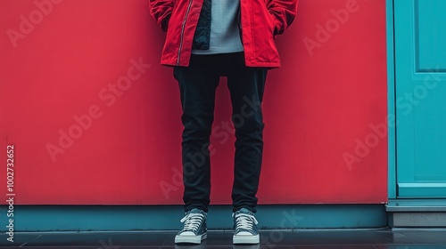 This clean, minimalist composition features a normcore individual posing in front of a bright red wall, showcasing a relaxed urban style with a red jacket and dark trousers photo