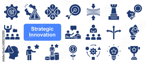 Strategic Innovation icon set. Creative Solutions, Disruptive Technologies, Strategic Innovation, Future Trends, Competitive Advantage, Agile Innovation and Design Thinking