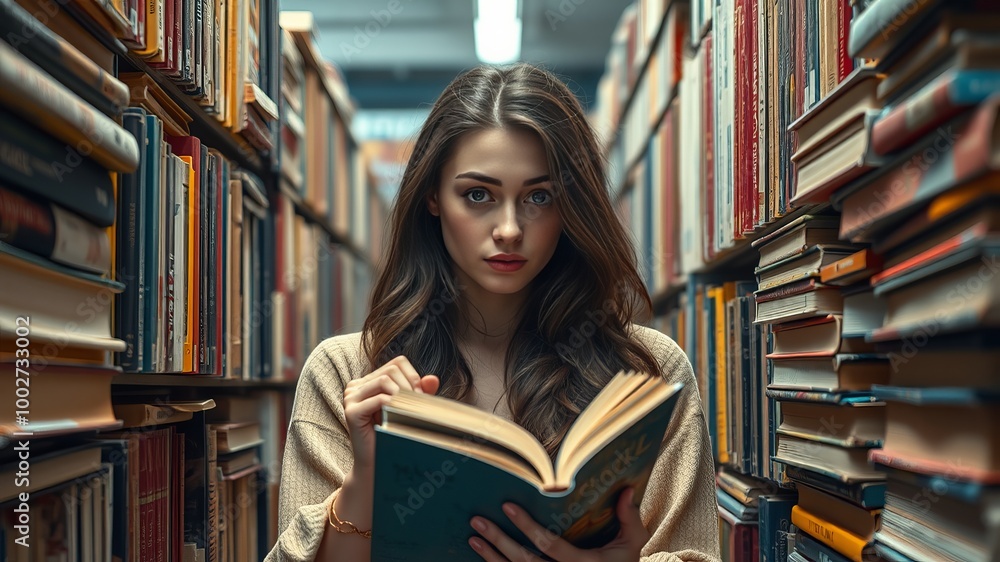 A concerned expression manifests on a young woman's face as she scans the shelves, hands grasping a book, A concerned expression manifests on a young woman's face as she scans the shelves, hands grasping a book,