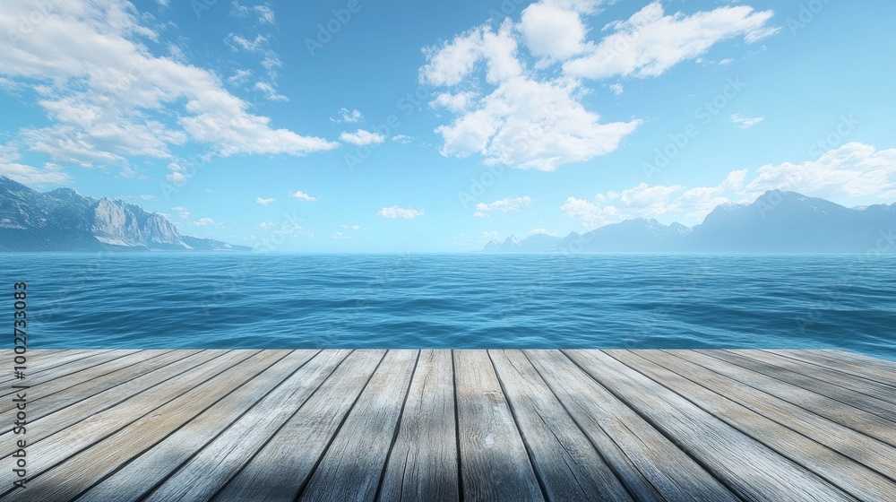Perspective from a wooden deck facing an endless sea, with the coastline and mountains only visible on the sides Perspective from a wooden deck facing an endless sea, with the coastline and mountains only visible on the sides