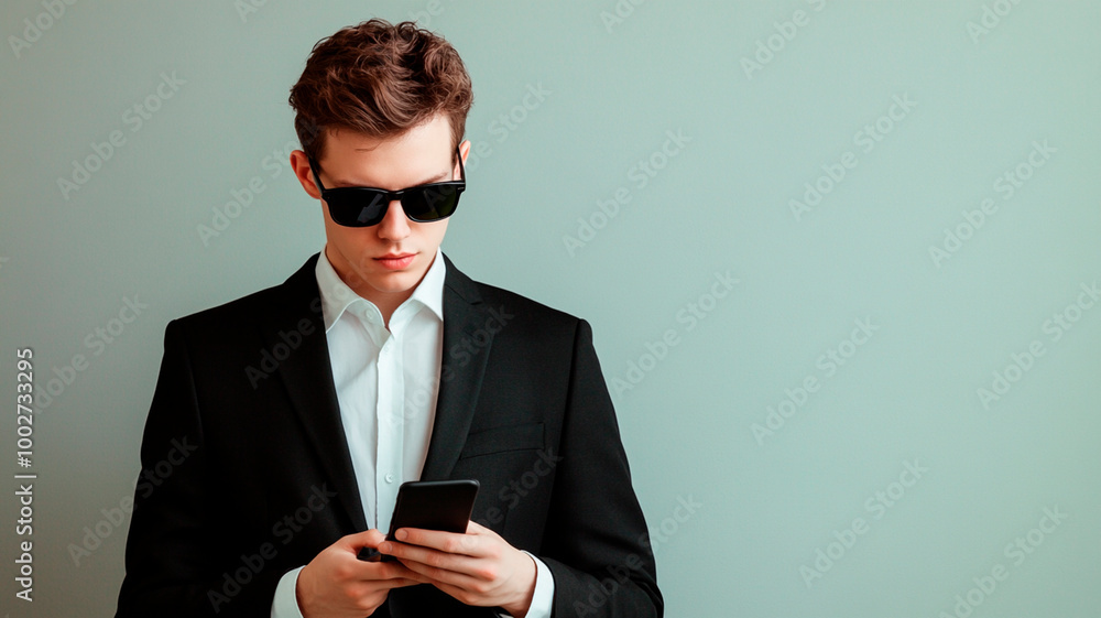 Un joven hombre de negocios con gafas de sol negras, mirando su teléfono, de pie sobre un fondo gris. Se trata de un retrato de cuerpo entero, capturado en un estudio con fotografía de alta resolución Un joven hombre de negocios con gafas de sol negras, mirando su teléfono, de pie sobre un fondo gris. Se trata de un retrato de cuerpo entero, capturado en un estudio con fotografía de alta resolución