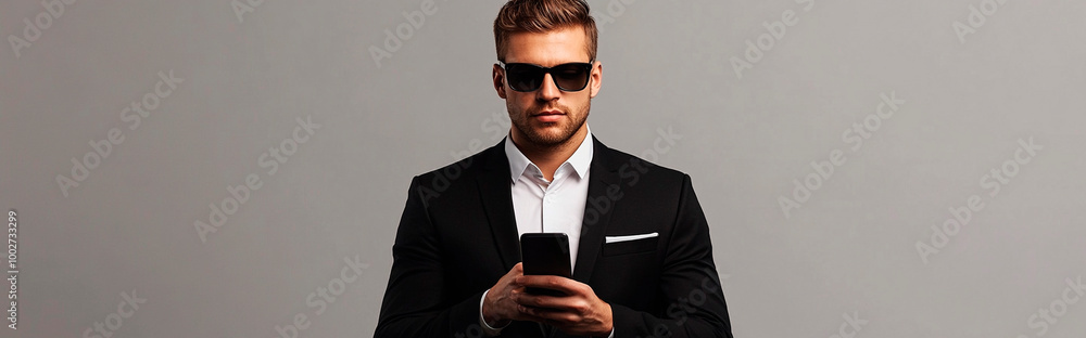 Un joven hombre de negocios con gafas de sol negras, mirando su teléfono, de pie sobre un fondo gris. Se trata de un retrato de cuerpo entero, capturado en un estudio con fotografía de alta resolución Un joven hombre de negocios con gafas de sol negras, mirando su teléfono, de pie sobre un fondo gris. Se trata de un retrato de cuerpo entero, capturado en un estudio con fotografía de alta resolución