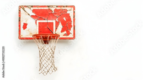 Broken and dilapidated basketball hoop with a cracked backboard and hanging tattered net isolated on a clean white studio background This minimalistic