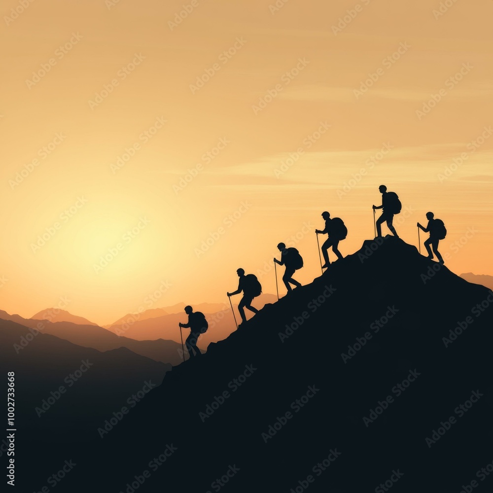 Silhouettes of hikers climbing a mountain at sunset, showcasing adventure and perseverance against a vibrant skyline. Silhouettes of hikers climbing a mountain at sunset, showcasing adventure and perseverance against a vibrant skyline.